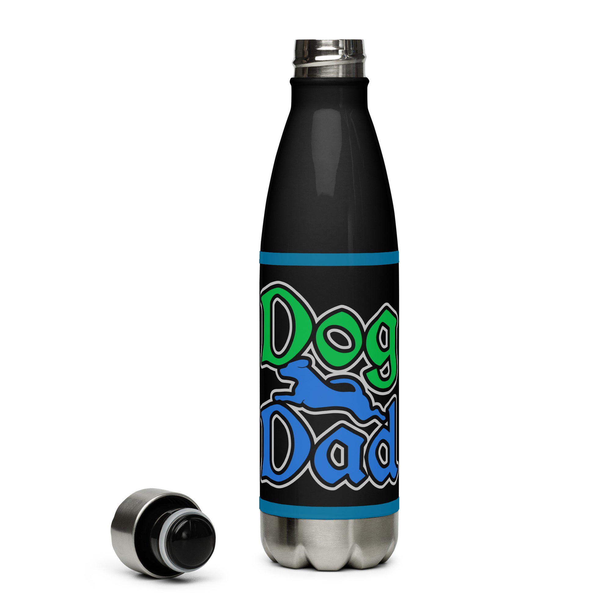 Back of stainless=steel water bottle with green and blue text saying 'Dog Dad' and blue dog image