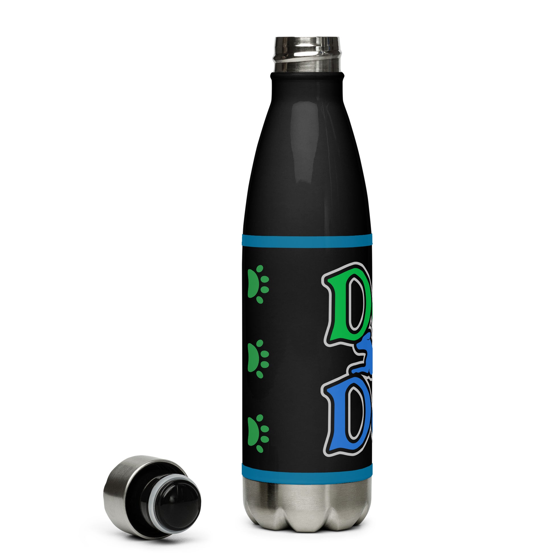 Left of black stainless steel water bottle with image of green paws and blue horizontal lines on top and bottom, image of green and blue text saying 'Dog Dad' and blue dog on front