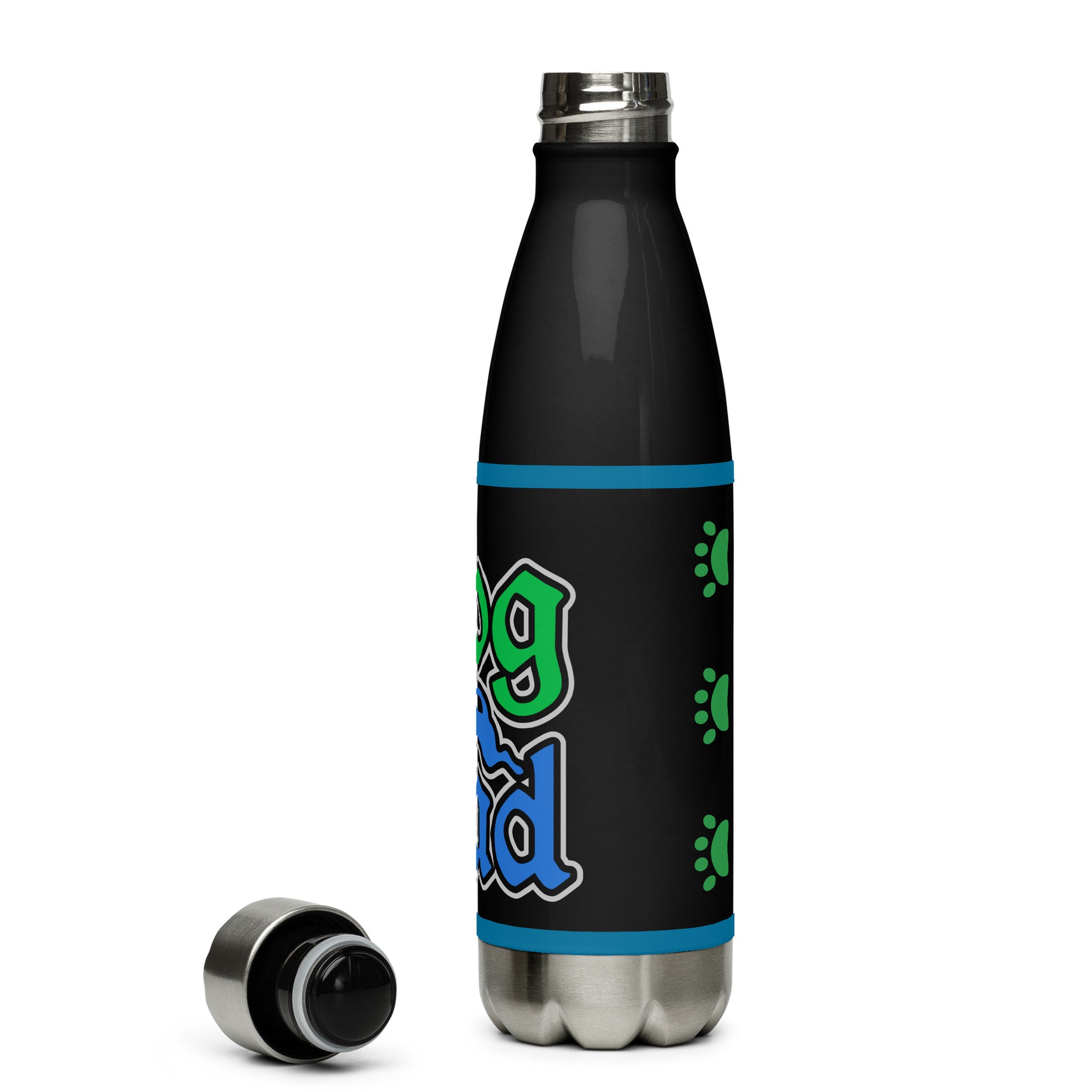 Right of black stainless steel water bottle with image of green paws and blue horizontal lines on top and bottom, image of green and blue text saying 'Dog Dad' and blue dog on front