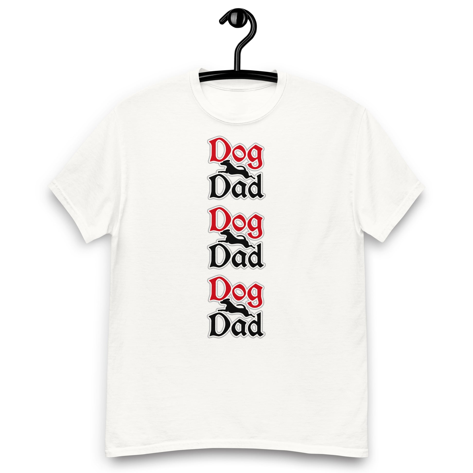 Front of white t-shirt with red and black text saying 'Dog Dad' three times in vertical layout