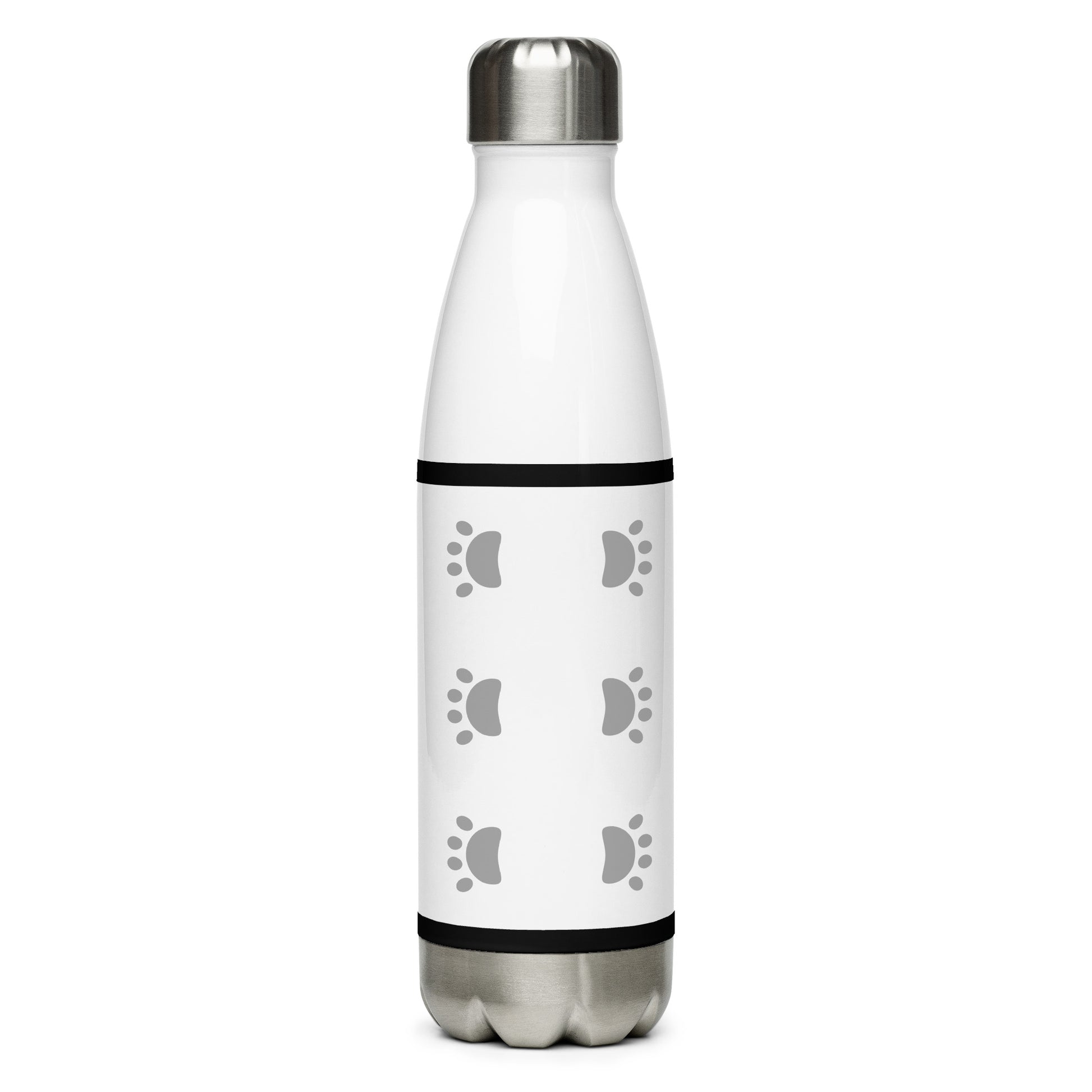 Back of white stainless-steel water bottle with image of gray paws and black horizontal lines on top and bottom, image of red and black text saying 'Dog Dad' and black dog on front