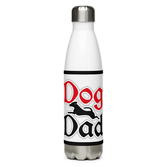 Front of white stainless-steel water bottle with image of red and black text saying 'Dog Dad' and black dog 