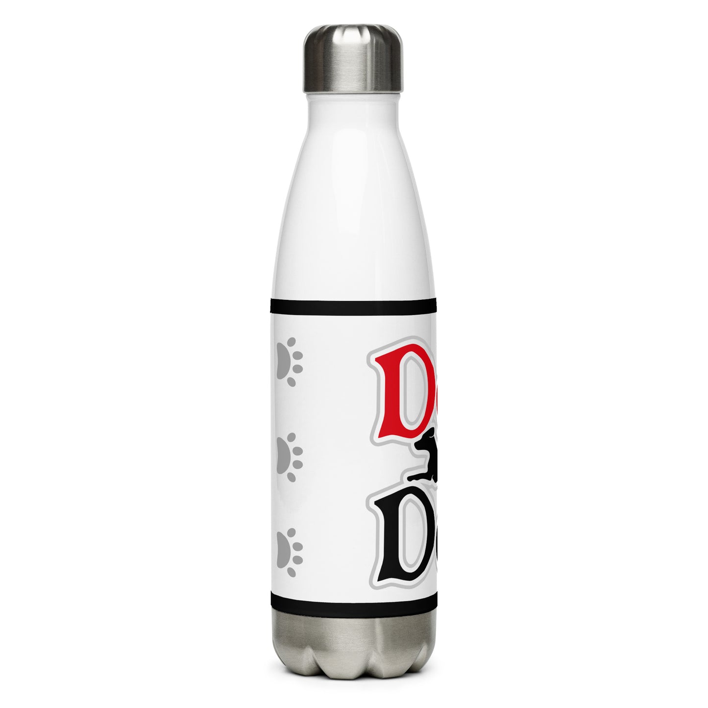 Left of white stainless-steel water bottle with gray paws and black lines on top and bottom with image of red and black text saying 'Dog Dad' and black dog on front