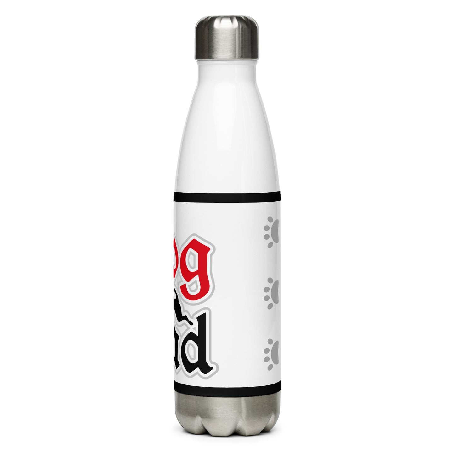 Right of white stainless-steel water bottle with gray paws and black lines on top and bottom with image of red and black text saying 'Dog Dad' and black dog on front