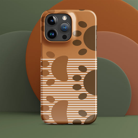 Front case of iPhone with tan top banner, a bottom banner with horizontal tan and white stripes and a brown dog paw pattern over entire cover