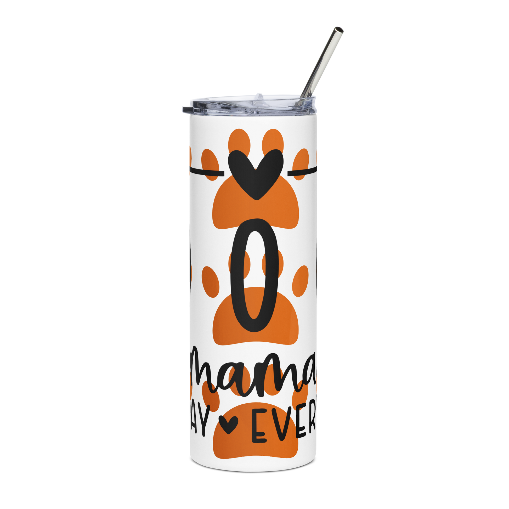 Front of white stainless-steel tumbler with orange paws and text 'Dog Mama, all day everyday'