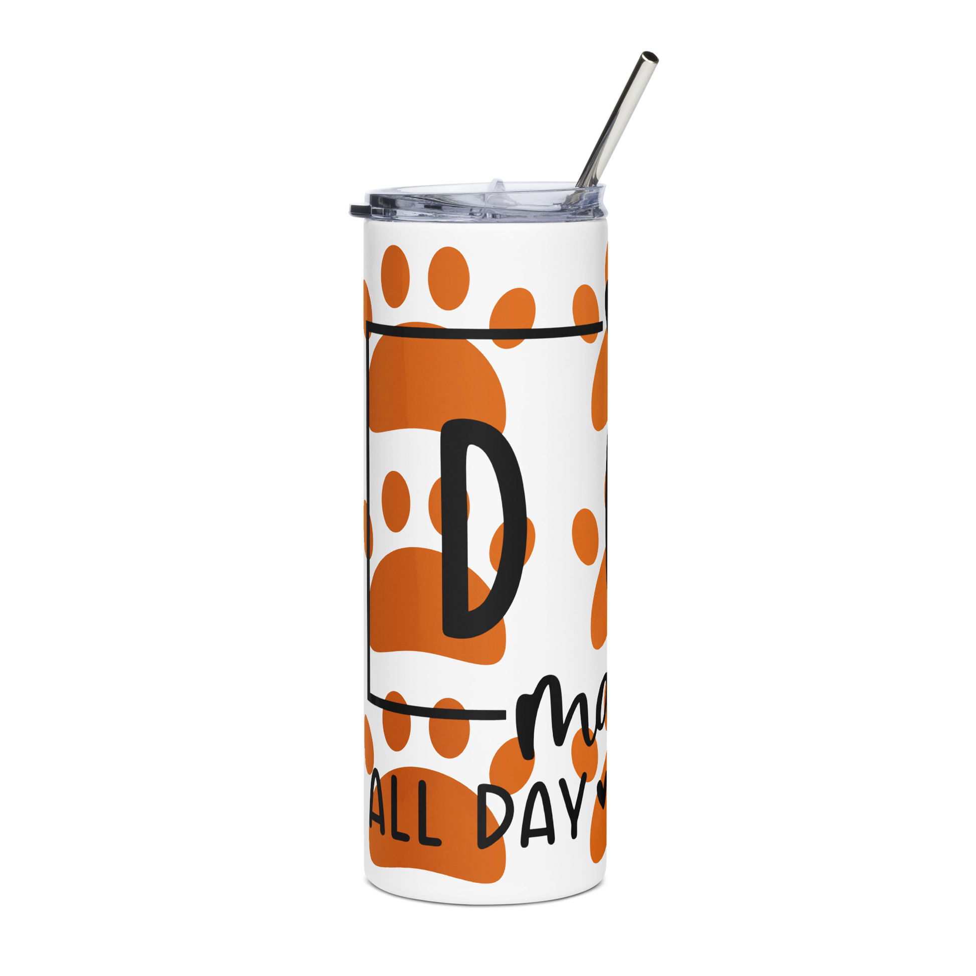 Left of white stainless-steel tumbler with orange paws and text 'Dog Mama, all day everyday'