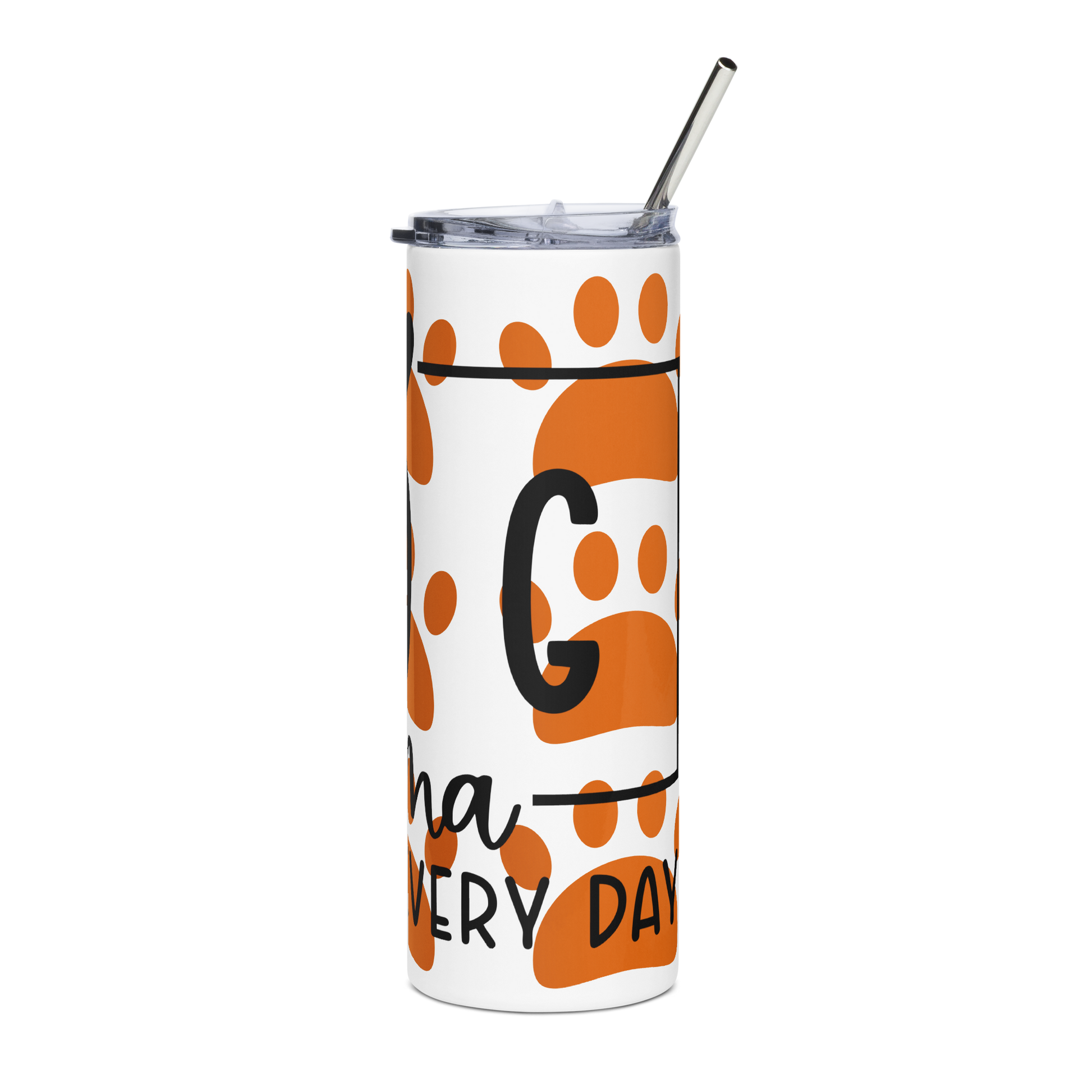 Right of white stainless-steel tumbler with orange paws and text 'Dog Mama, all day everyday'