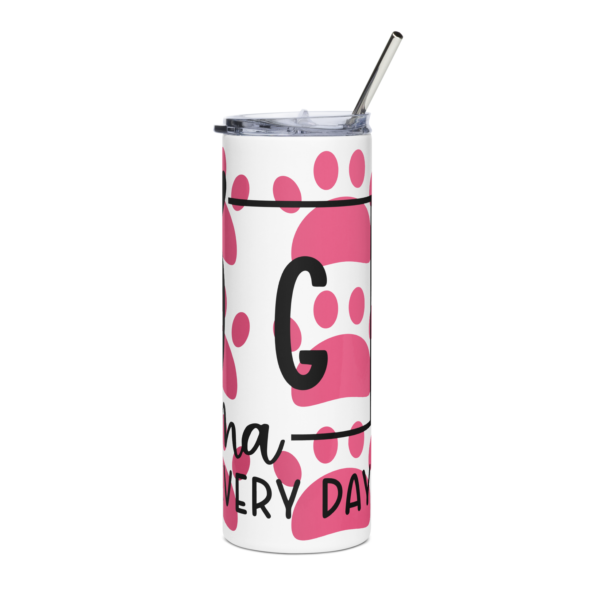 Right of white stainless-steel tumbler with pink paws and text 'Dog Mama, all day everyday'