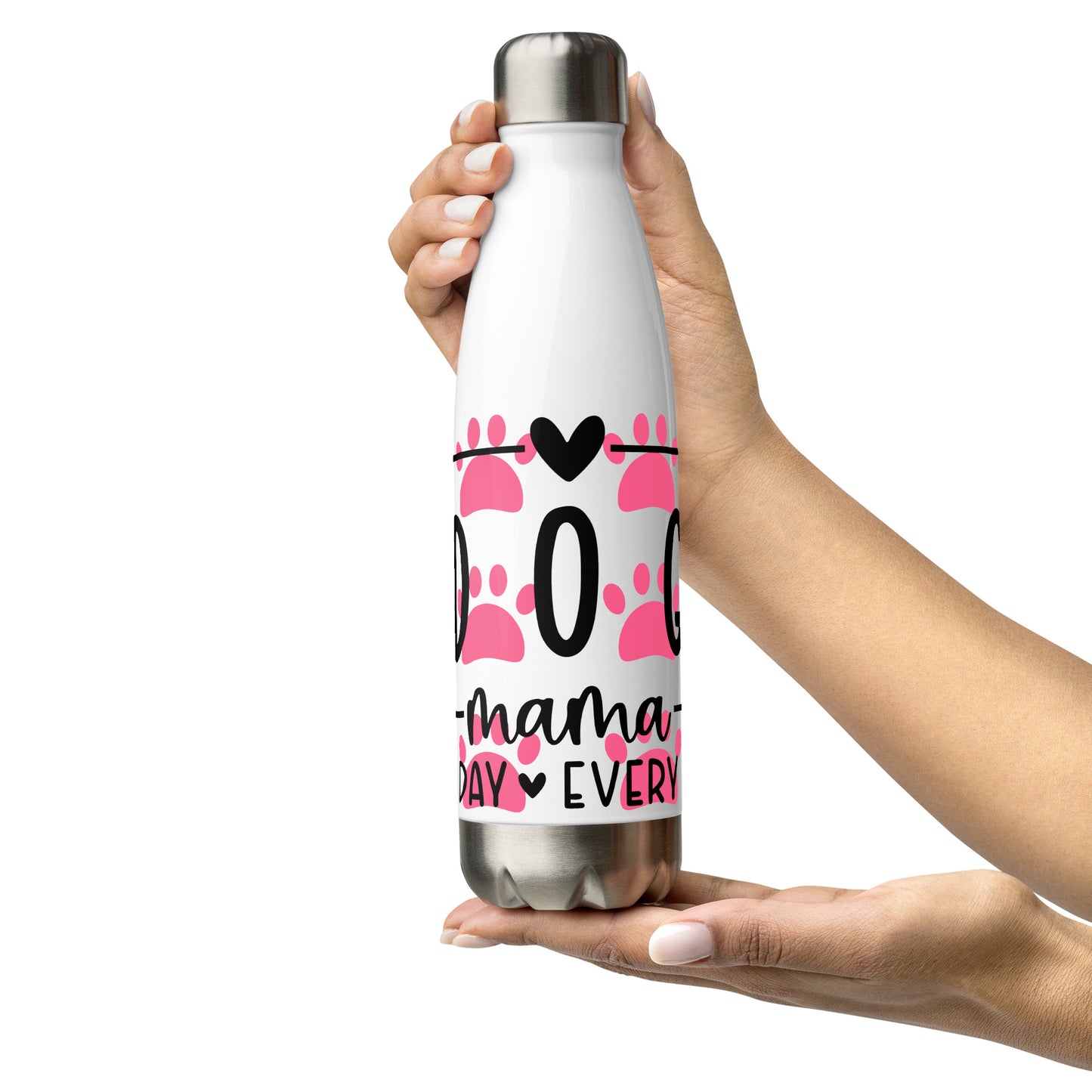 Front of white stainless-steel water bottle with pink paws and text 'Dog Mama, all day everyday'