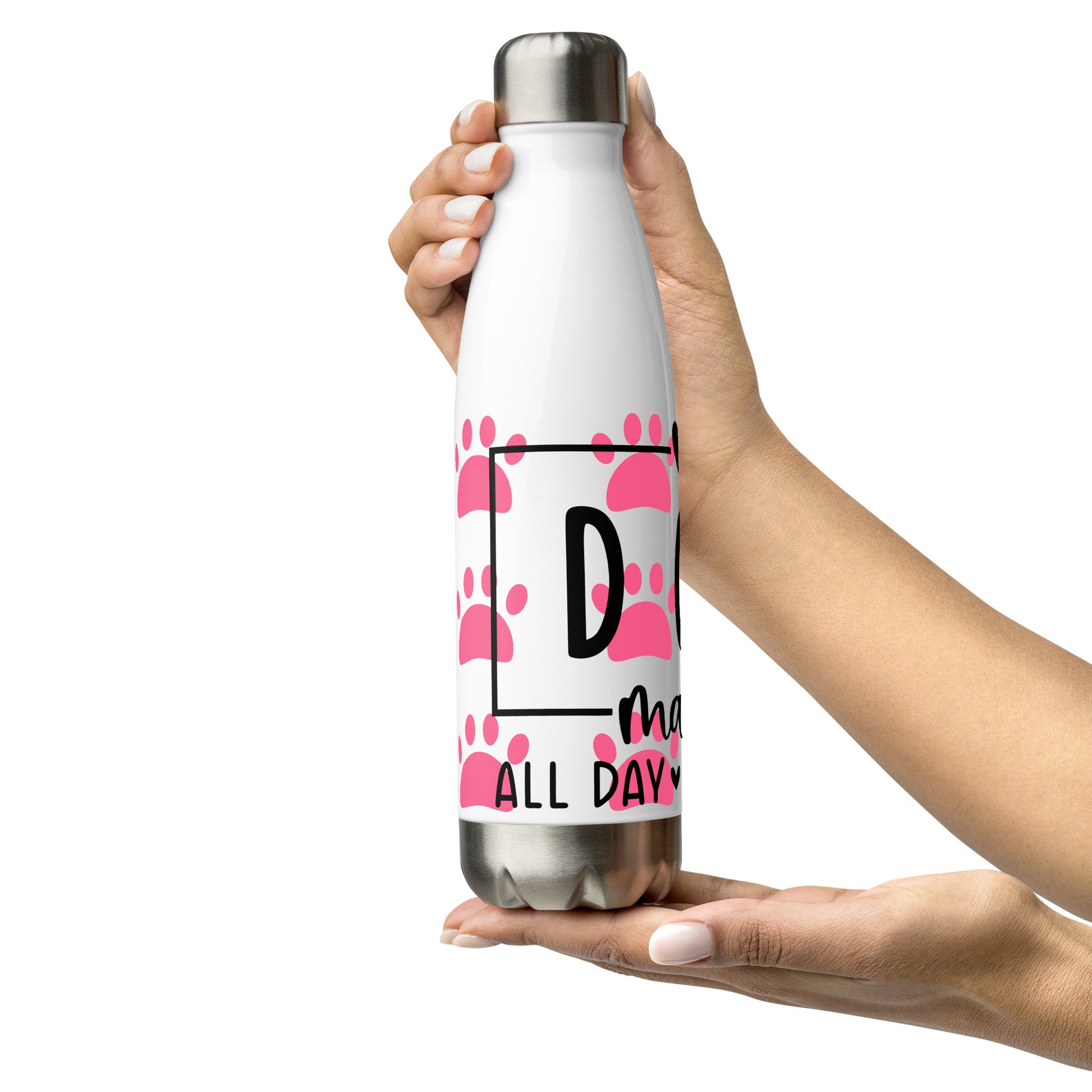 Left of white stainless-steel water bottle with pink paws and text 'Dog Mama, all day everyday'