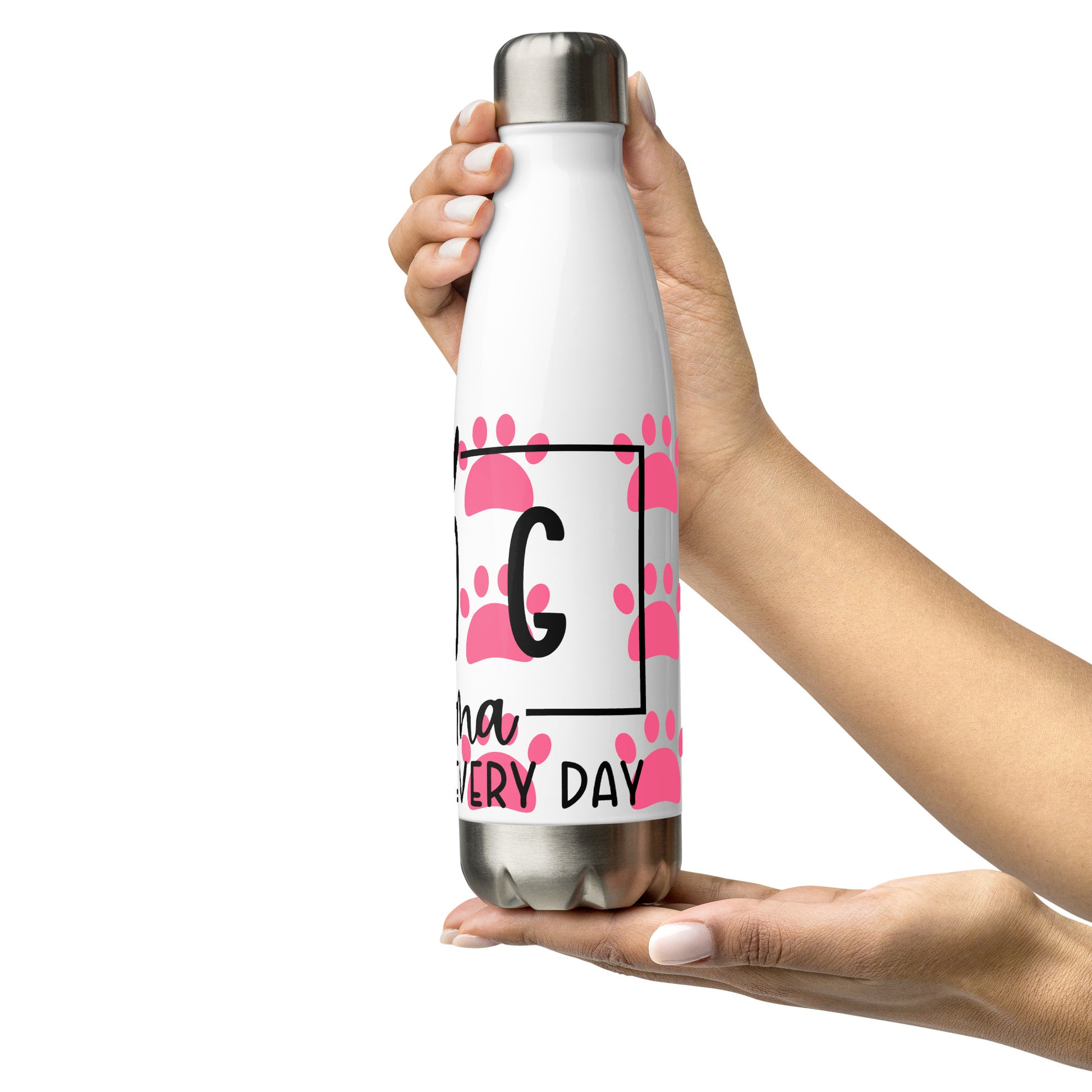 Right of white stainless-steel water bottle with pink paws and text 'Dog Mama, all day everyday'