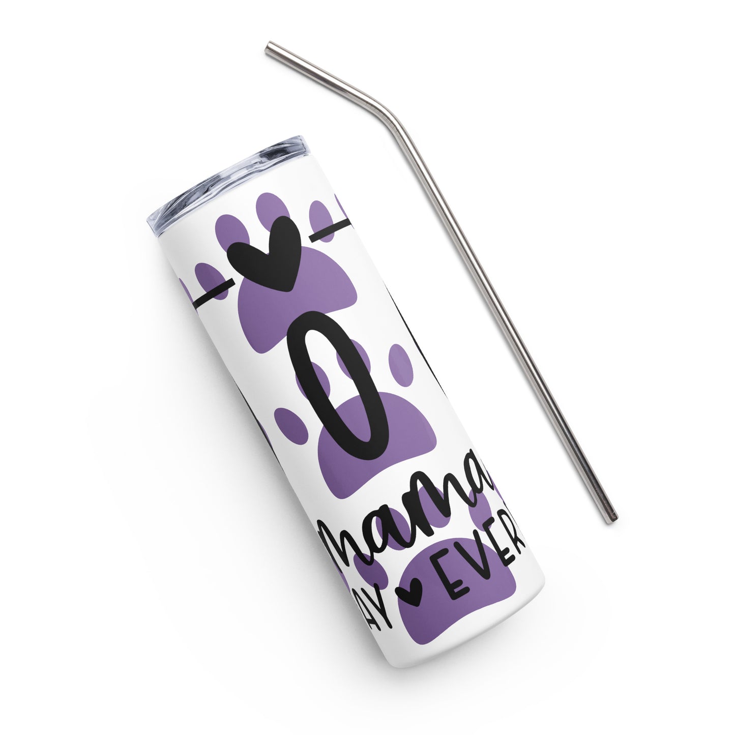 Front of white stainless-steel tumbler with purple paws and text 'Dog Mama, all day everyday'