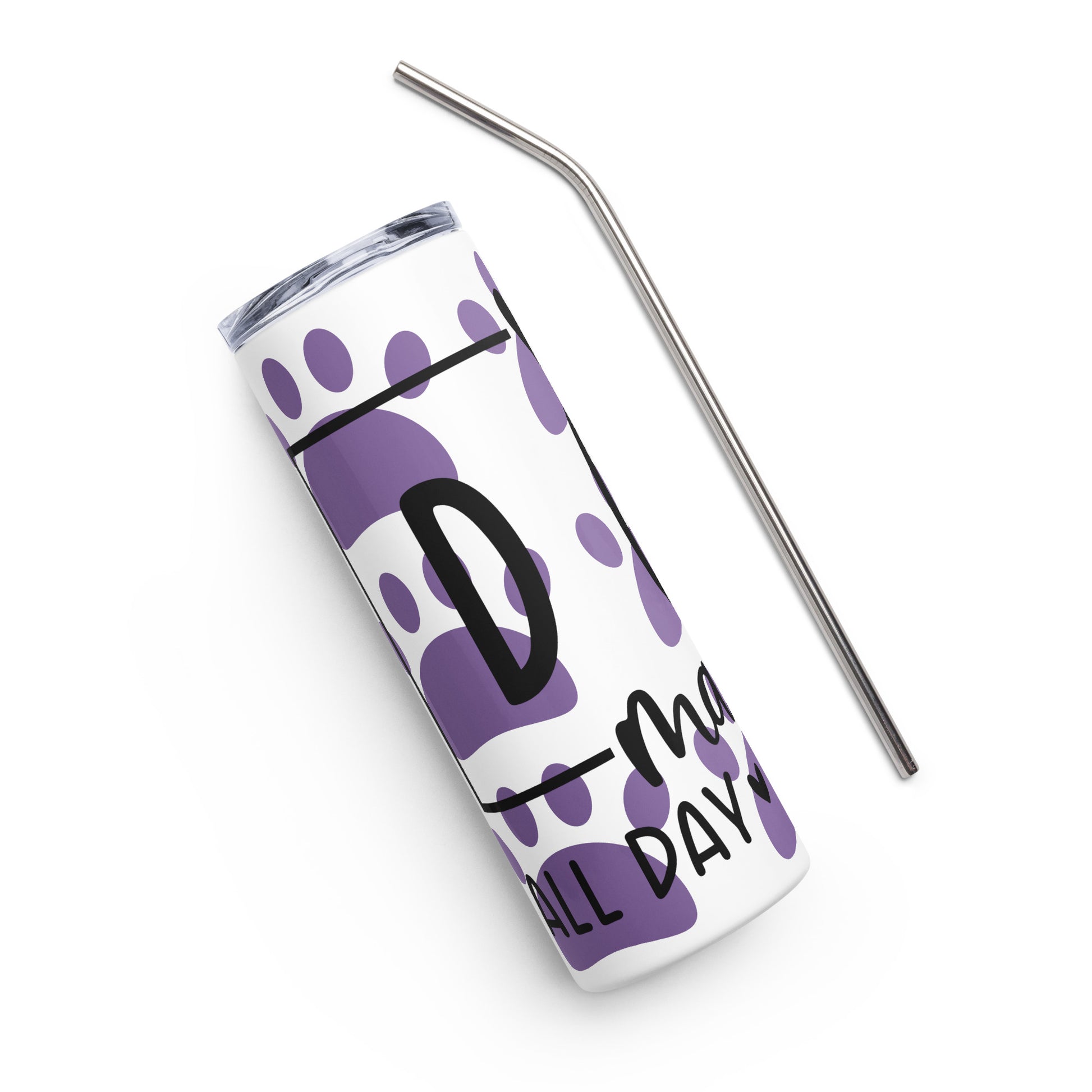 Left of white stainless-steel tumbler with purple paws and text 'Dog Mama, all day everyday'