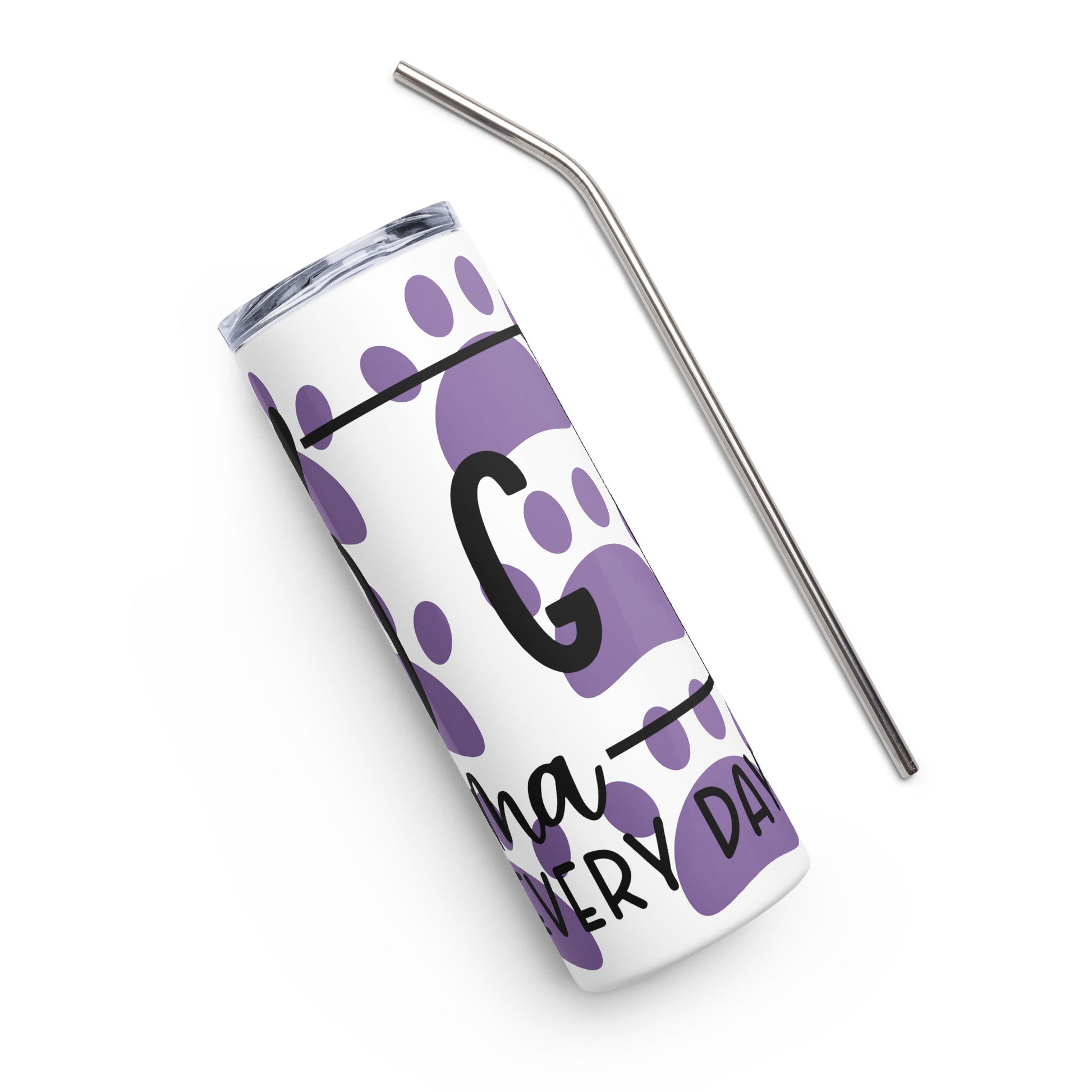 Right of white stainless-steel tumbler with purple paws and text 'Dog Mama, all day everyday'