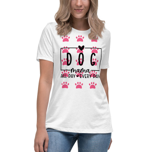 Front of white t-shirt with pink paws and black text saying 'Dog Mama, all day ever day'