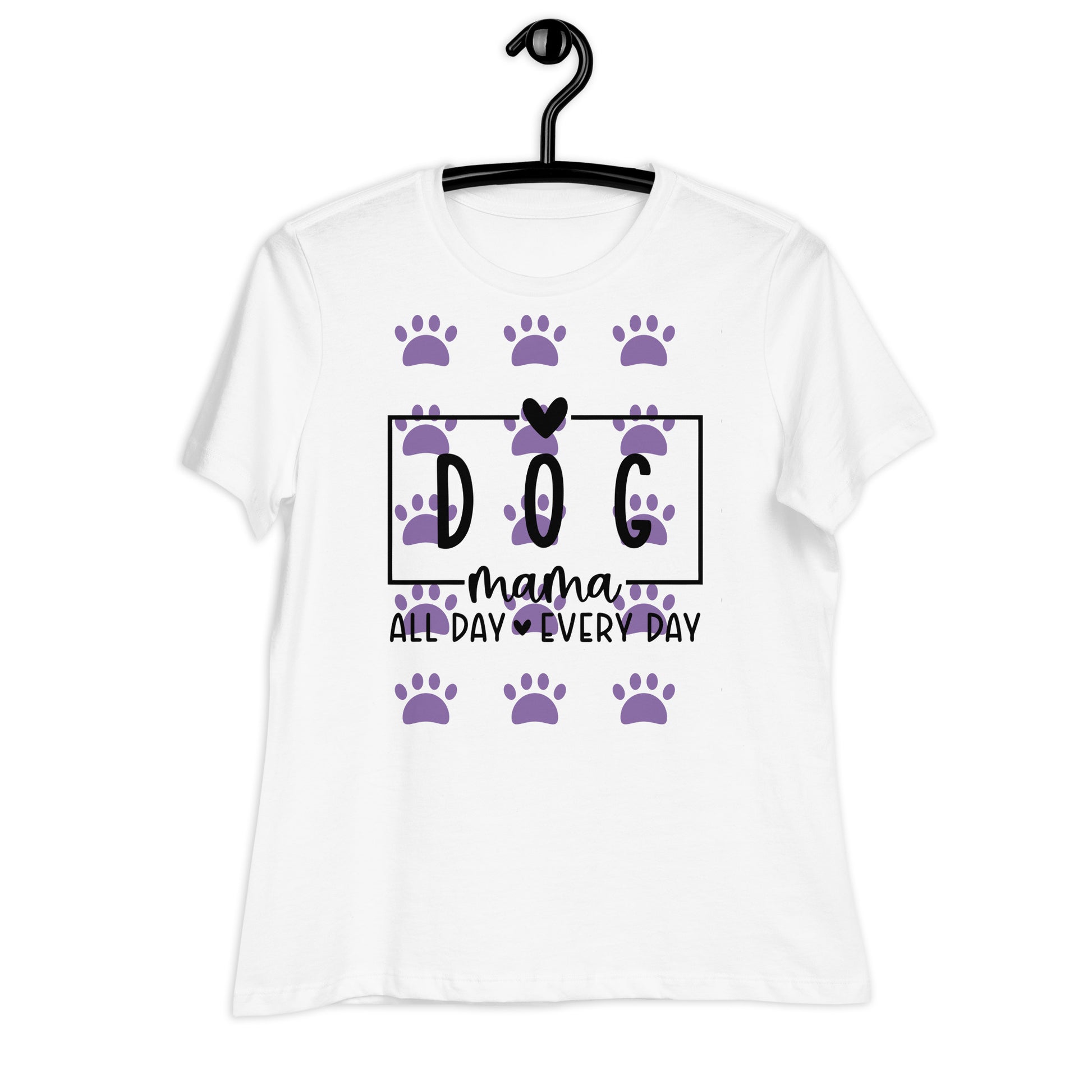 Front of white t-shirt with purple paws and black text saying 'Dog Mama, all day ever day'