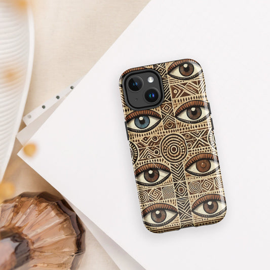 Front of iPhone 14 case with eye and shape print pattern