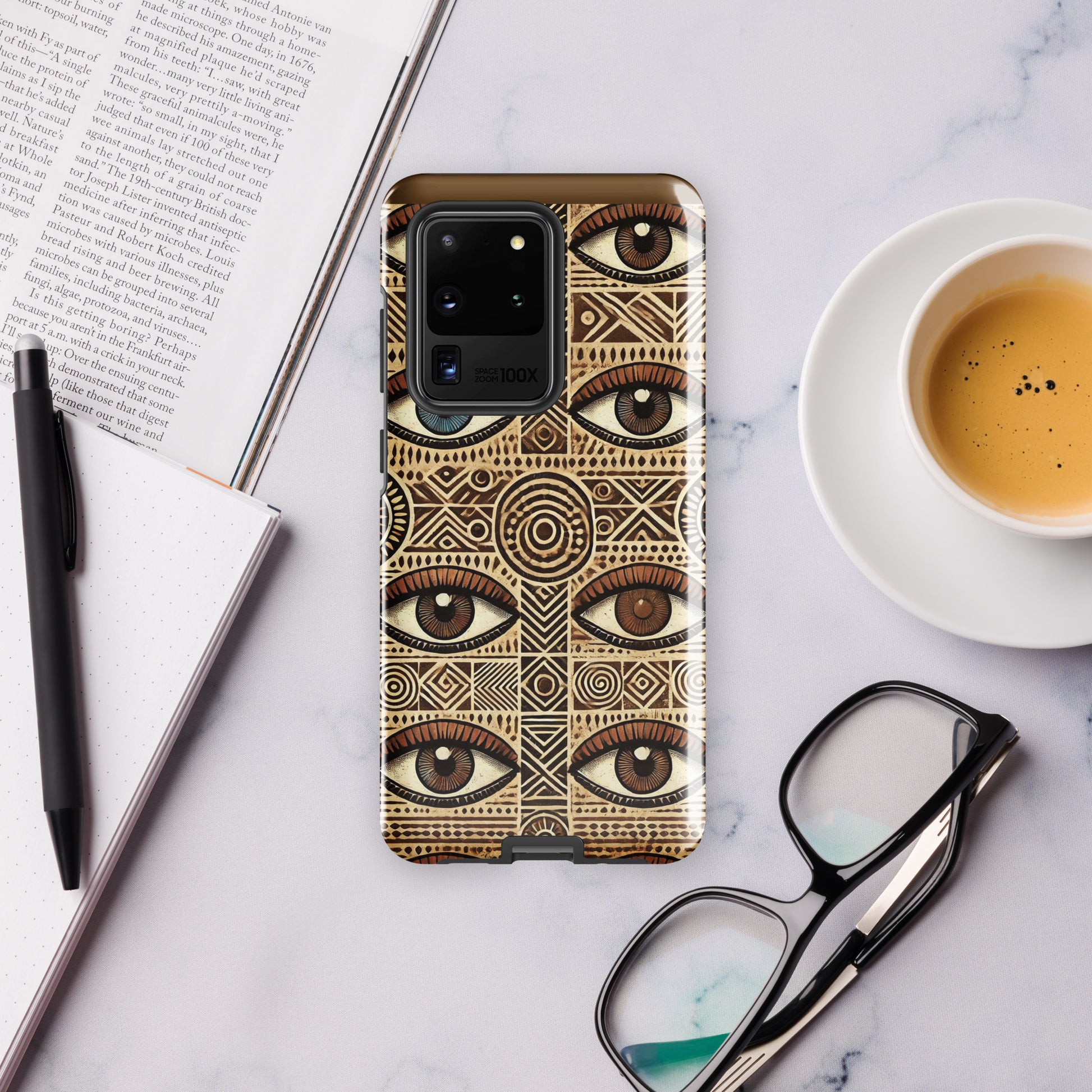 Front of Samsung s20 case with eye and shape print pattern
