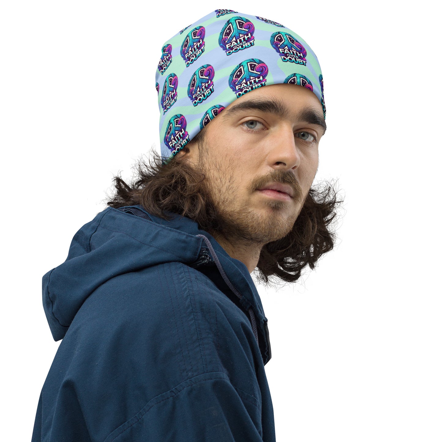 Right front of blue patterned beanie with logo saying 'Faith over doubt'