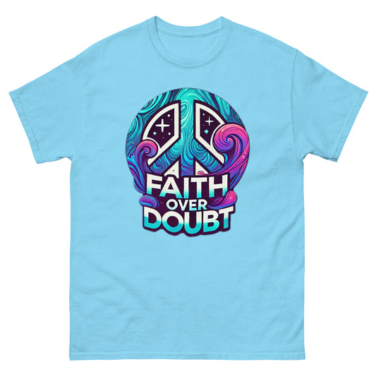 Front of flat sky t-shirt with blue, pink and purple image of peace sign and text saying 'faith over doubt'