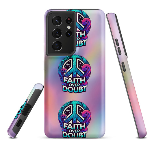Front of Samsung S21 cover with pastel gradient background and logo pattern 'Faith over doubt'