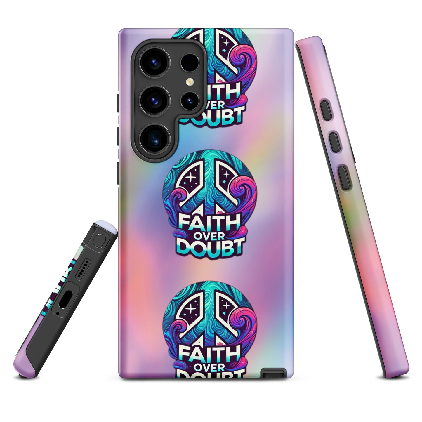 Front of Samsung S24 ultra cover with pastel gradient background and logo pattern 'Faith over doubt'