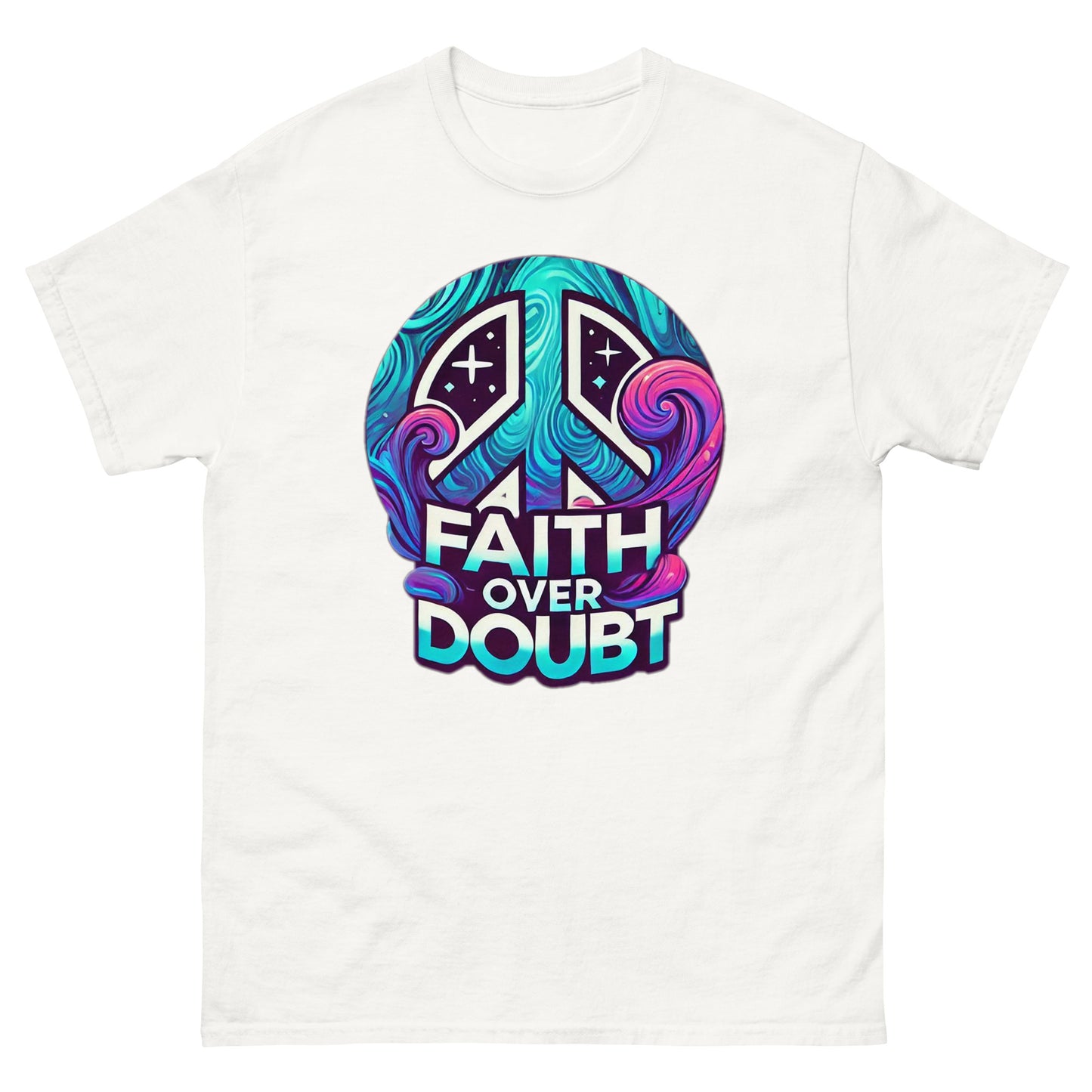 Front of flat white t-shirt with blue, pink and purple image of peace sign and text saying 'faith over doubt'