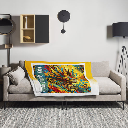 Front of fearfully, wonderfully made 50 x 60 throw laying on a couch with image of African ethnic woman in colorful background and attire