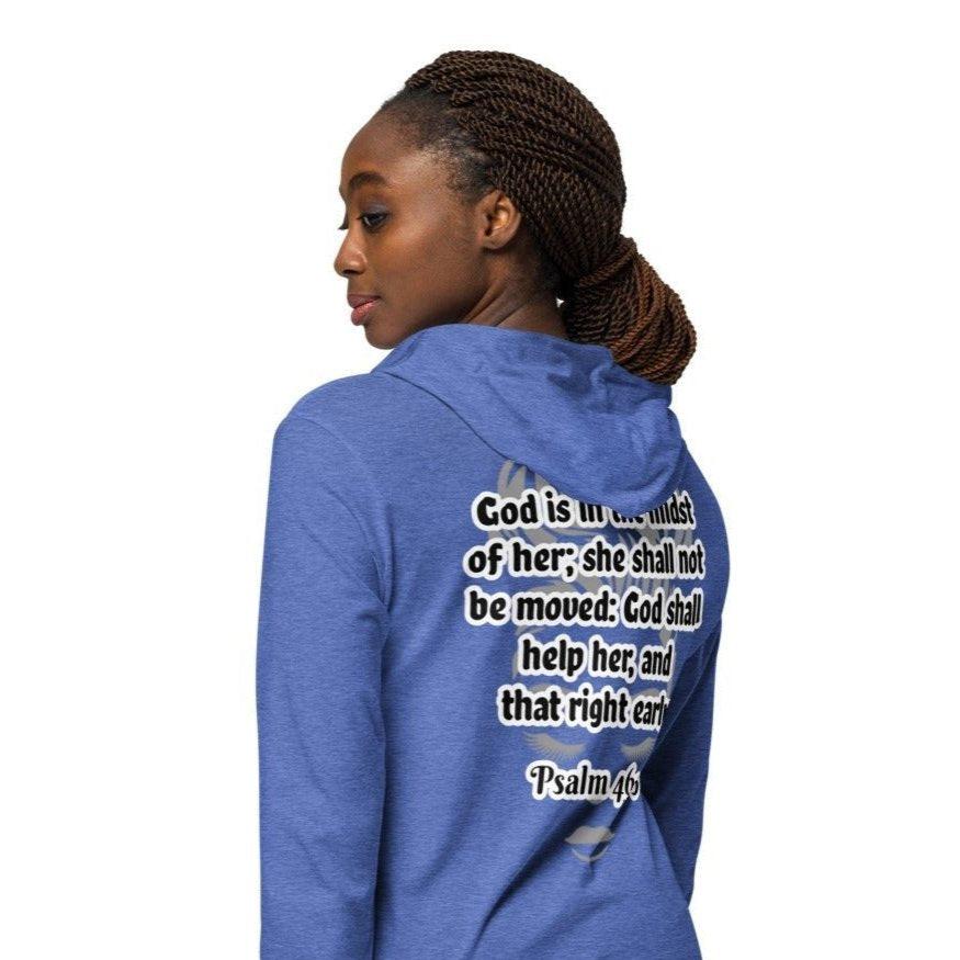 Back of true royal hooded long sleeve tee with Psalm 46:5 scripture in black and white'