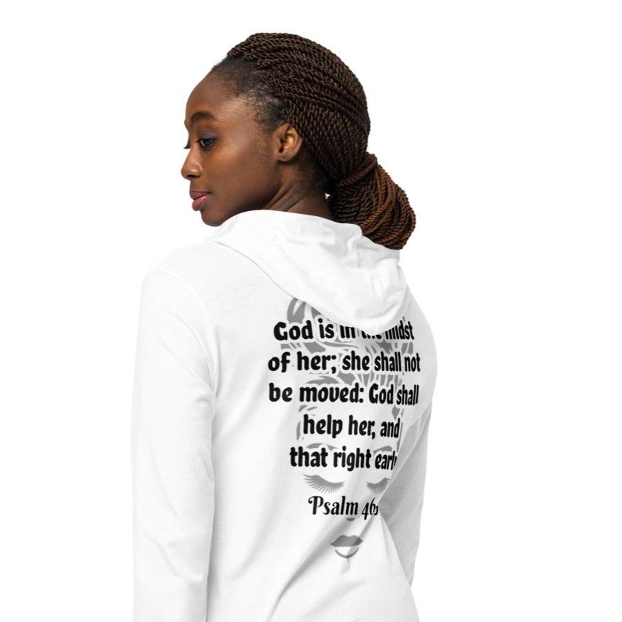 Back of white hooded long sleeve tee with Psalm 46:5 scripture in black and white'