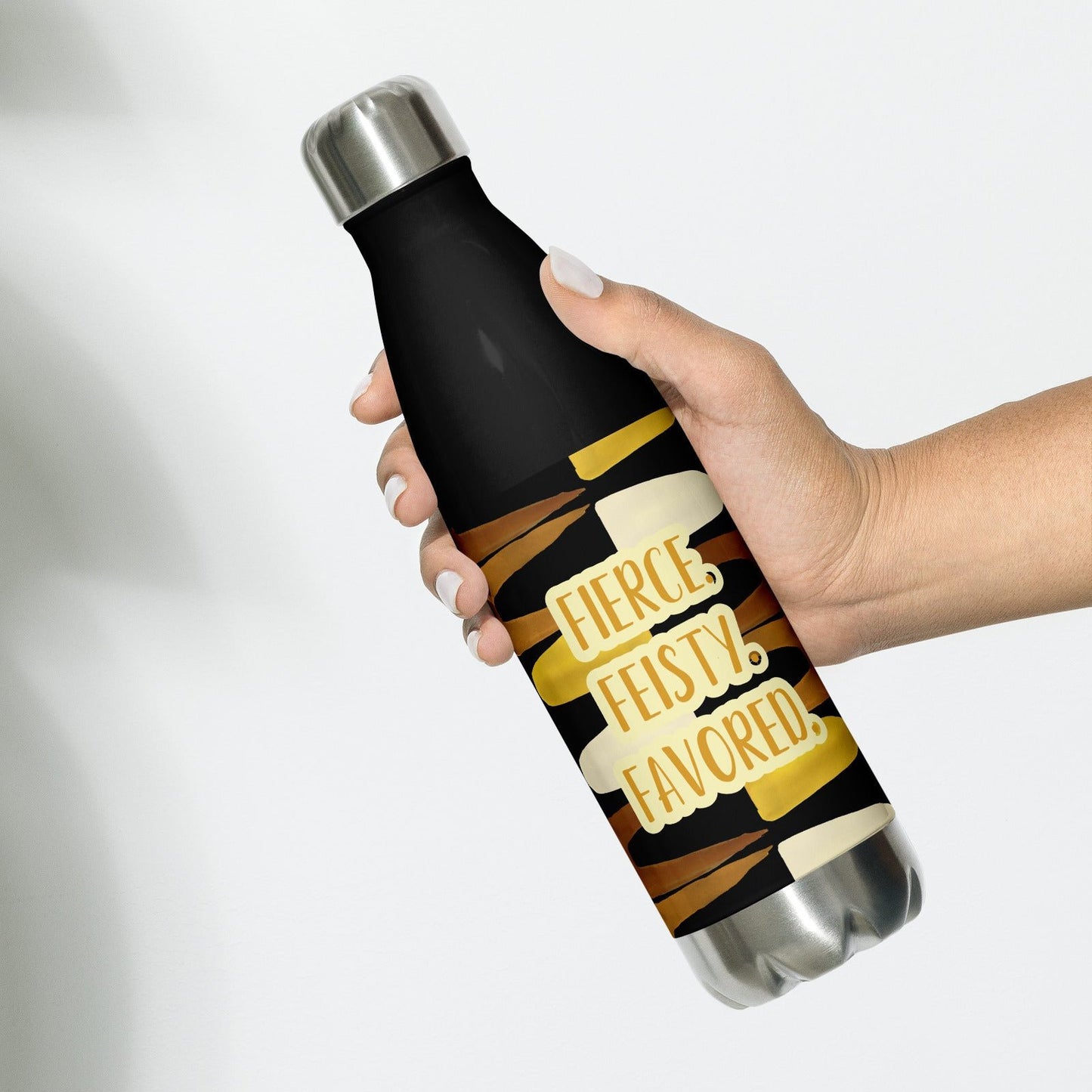 Left of black stainless stee water bottle with brown and gold abstract print and gold and white words saying 'Fierce. Feisty. Favored.'