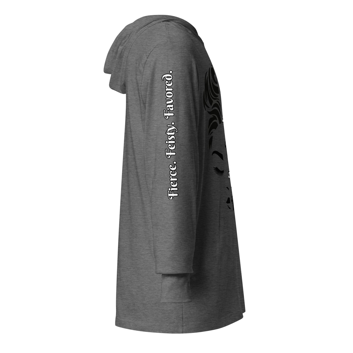 Right sleeve of grey hooded long sleeve tee with text saying "Fierce. Feisty. Favored.'