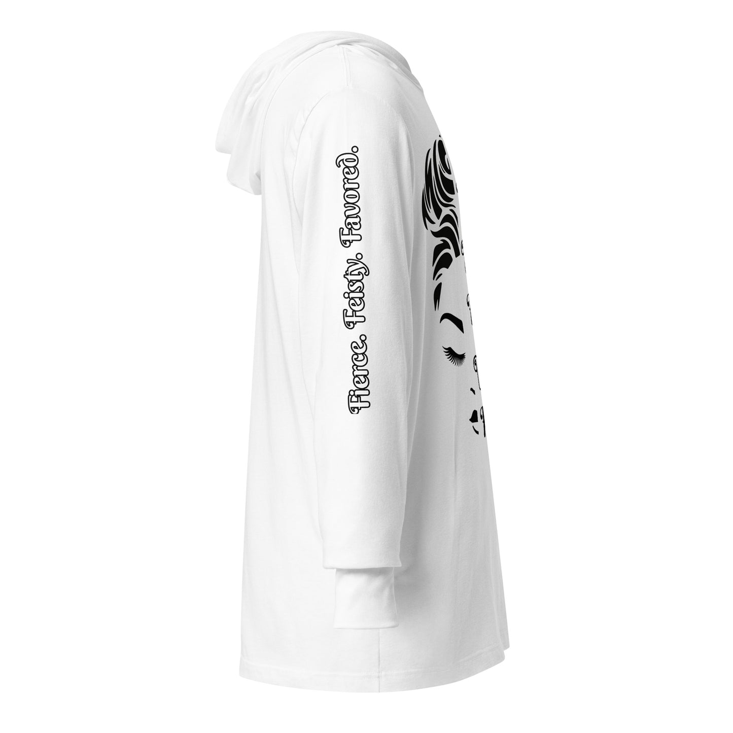 Right sleeve of white hooded long sleeve tee with text saying "Fierce. Feisty. Favored.'