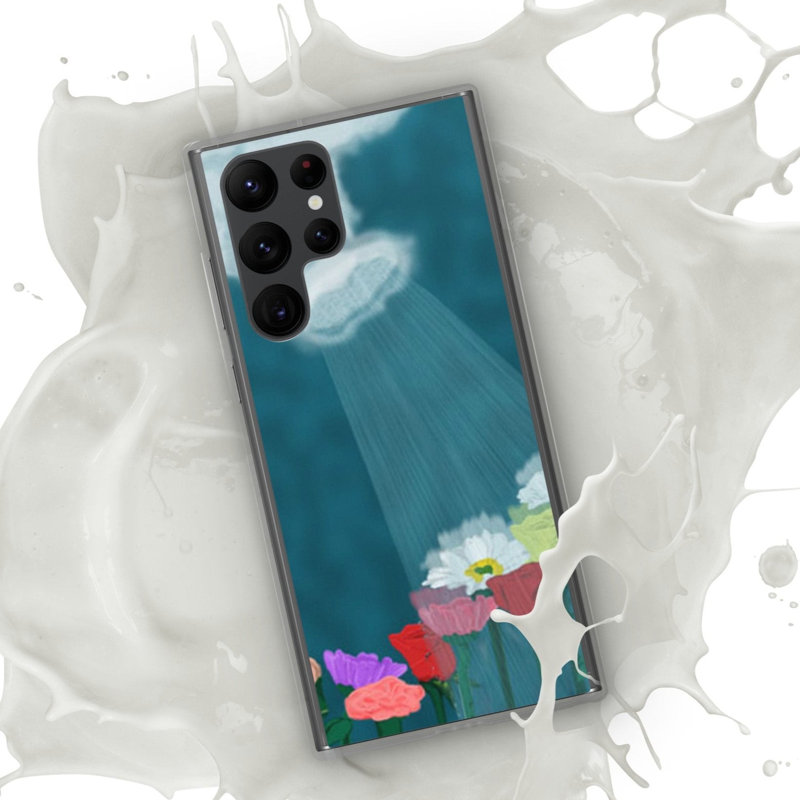 Front of Samsung clear case with flowers and shower illustration with a spout-like cloud