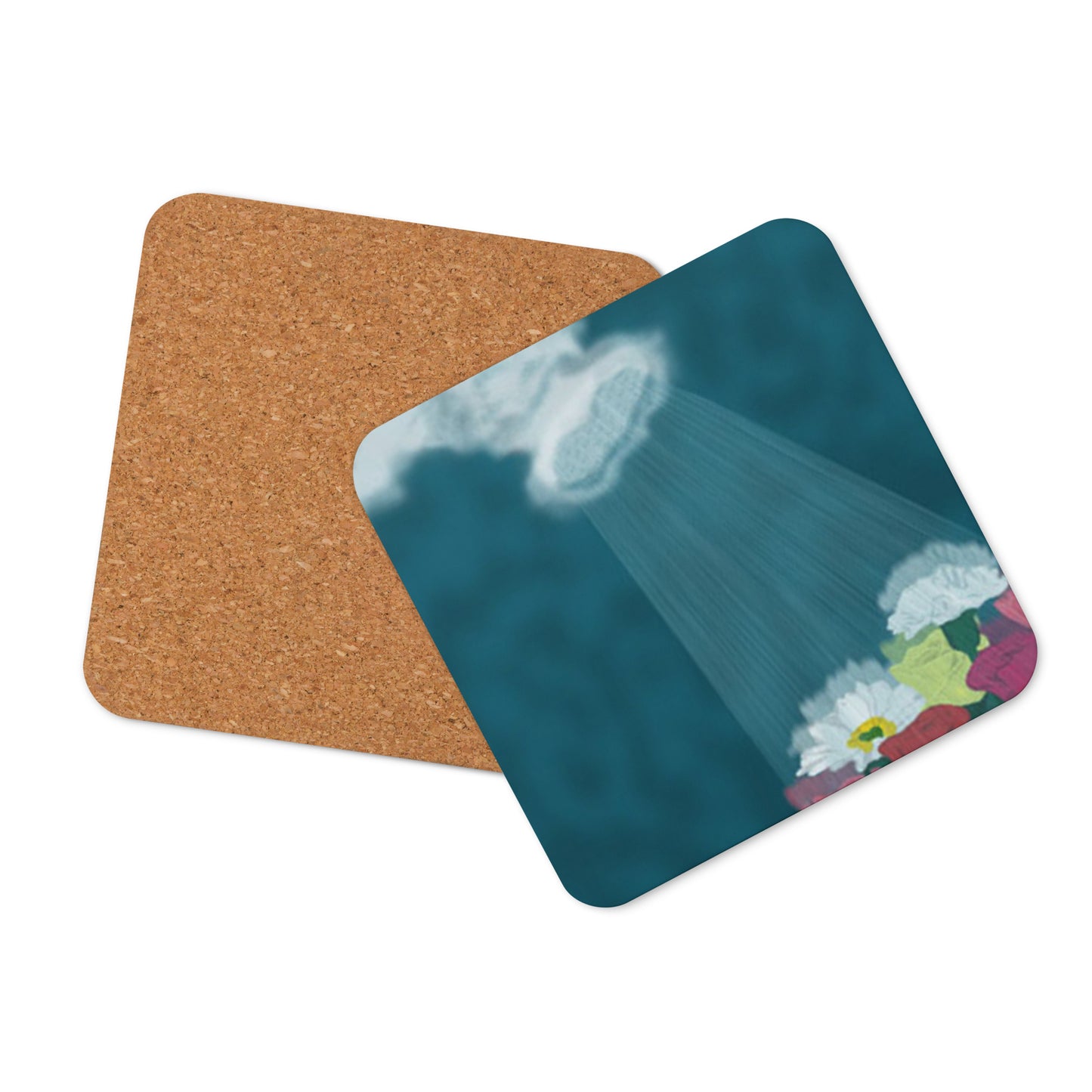 Cork back coaster with blue and white illustration of rain cloud, rain, and multi-colored flowers