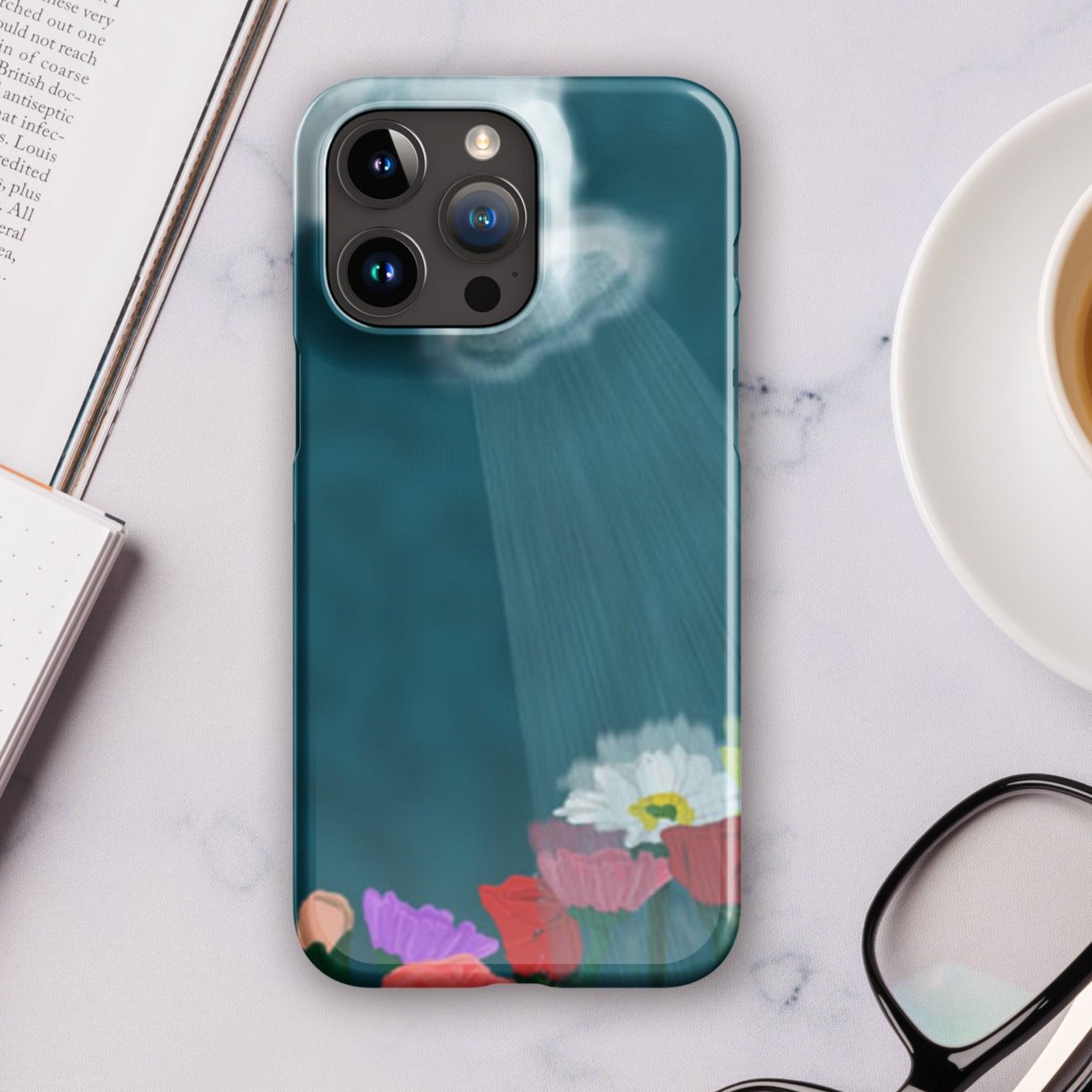 Front of iPhone snap case with flowers and shower illustration with a spout-like cloud