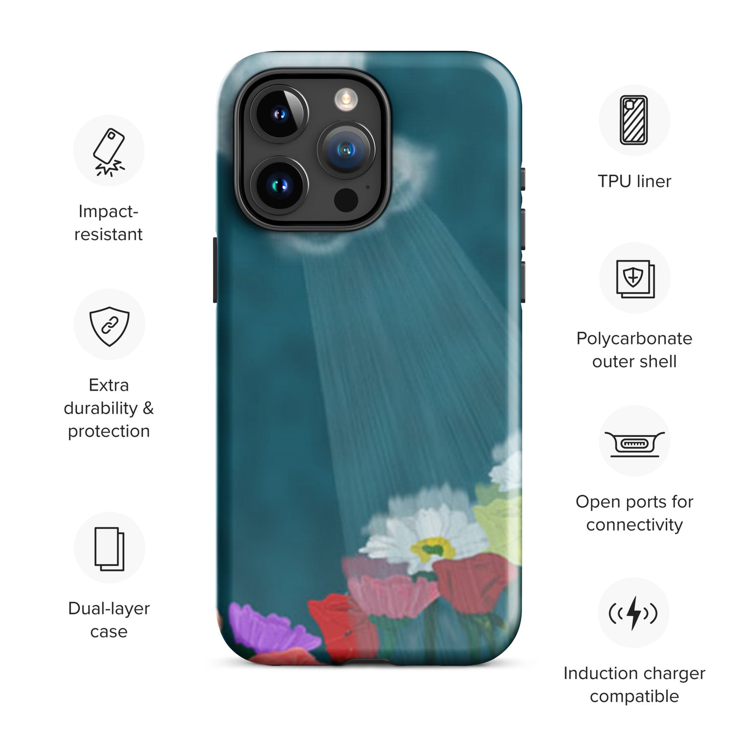 Back of iPhone tough case with flowers and shower illustration with a spout-like cloud