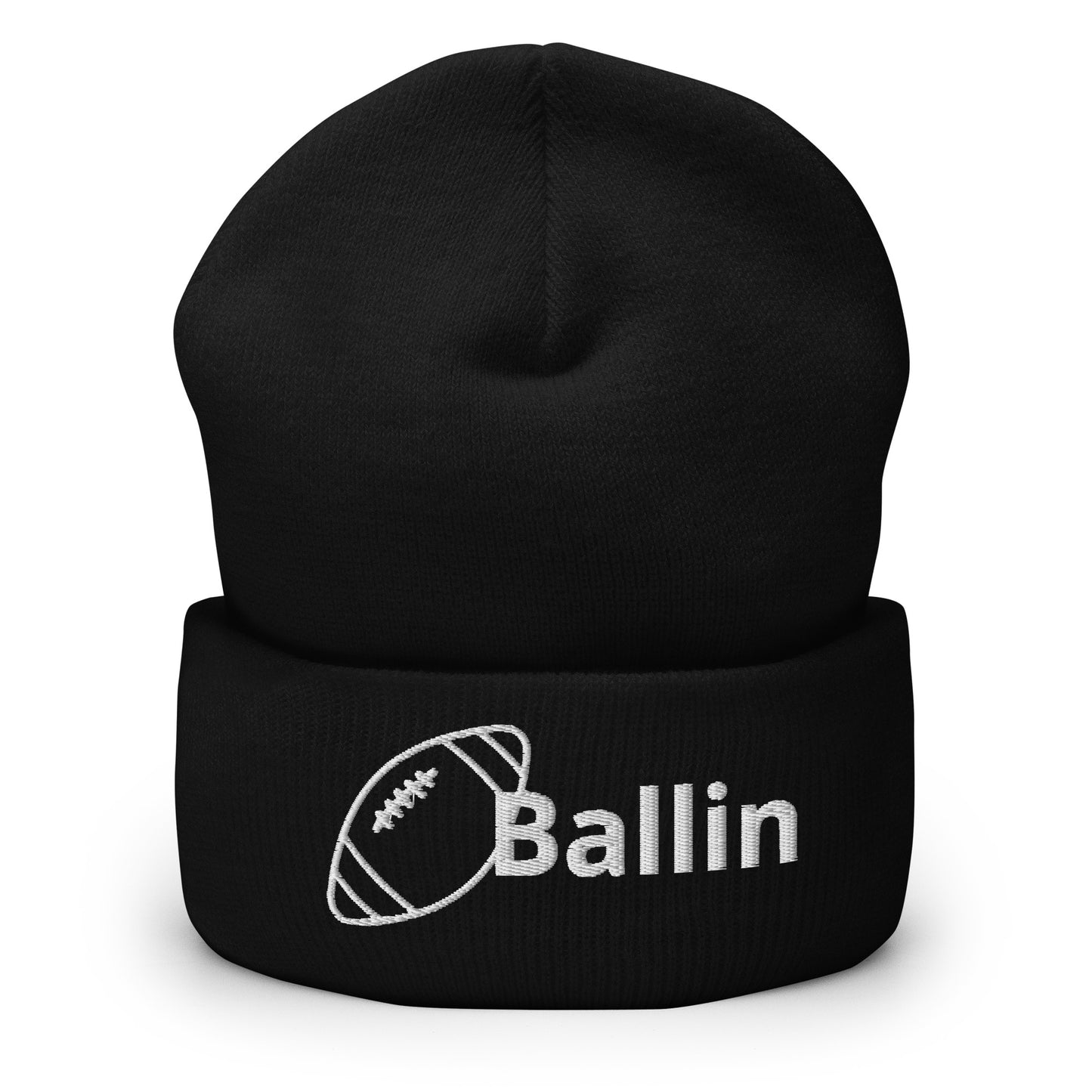 Front of black cuffed beanie embroidered with a white football and black text saying 'ballin'