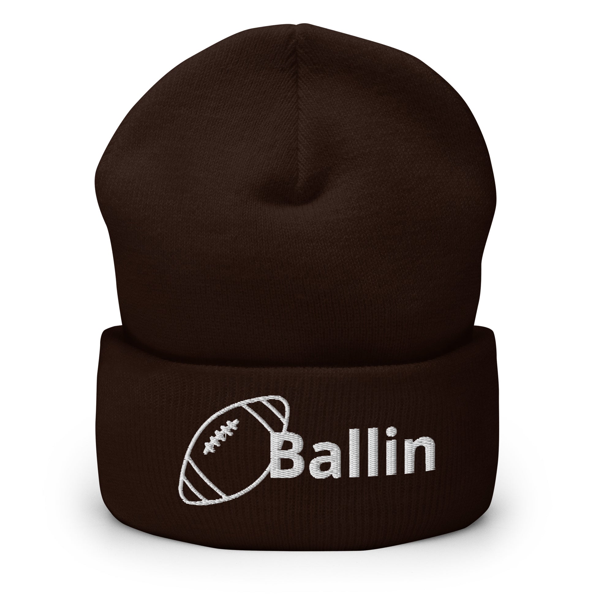 Front of brown cuffed beanie embroidered with a white football and black text saying 'ballin'