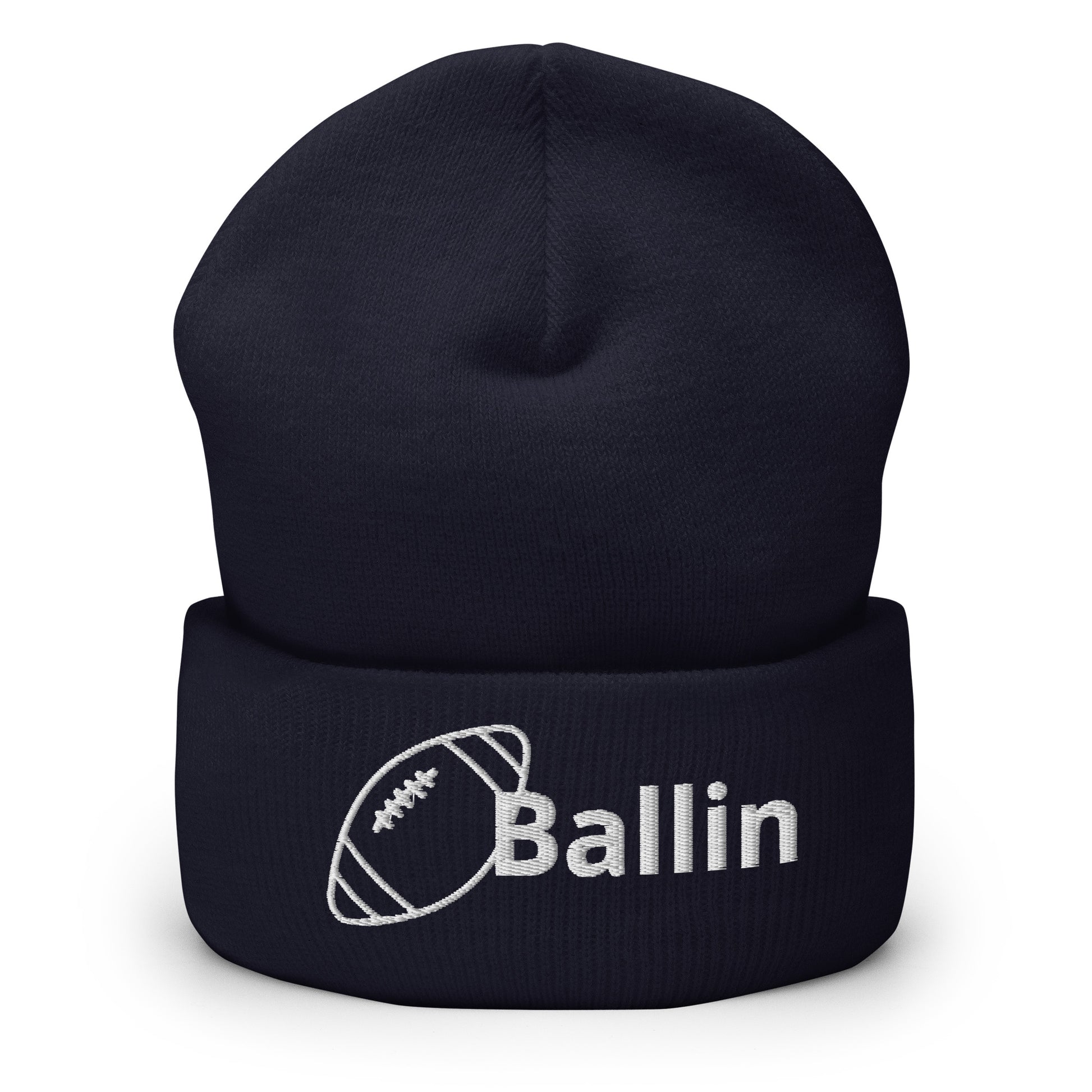 Front of navy cuffed beanie embroidered with a white football and black text saying 'ballin'