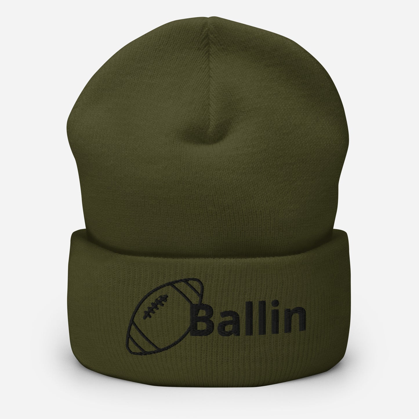 Front of olive cuffed beanie embroidered with a black football and black text saying 'ballin'