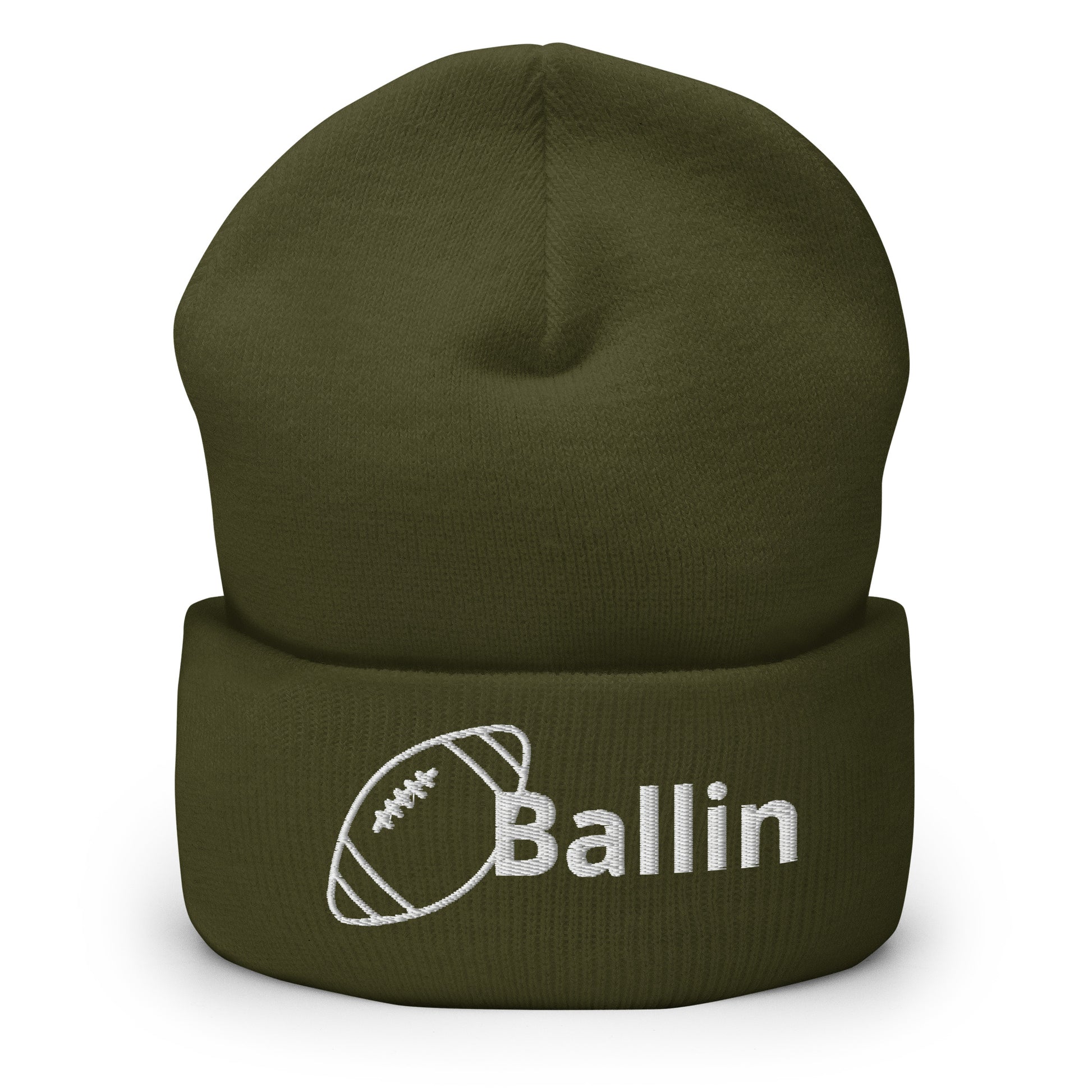 Front of olive cuffed beanie embroidered with a white football and black text saying 'ballin'