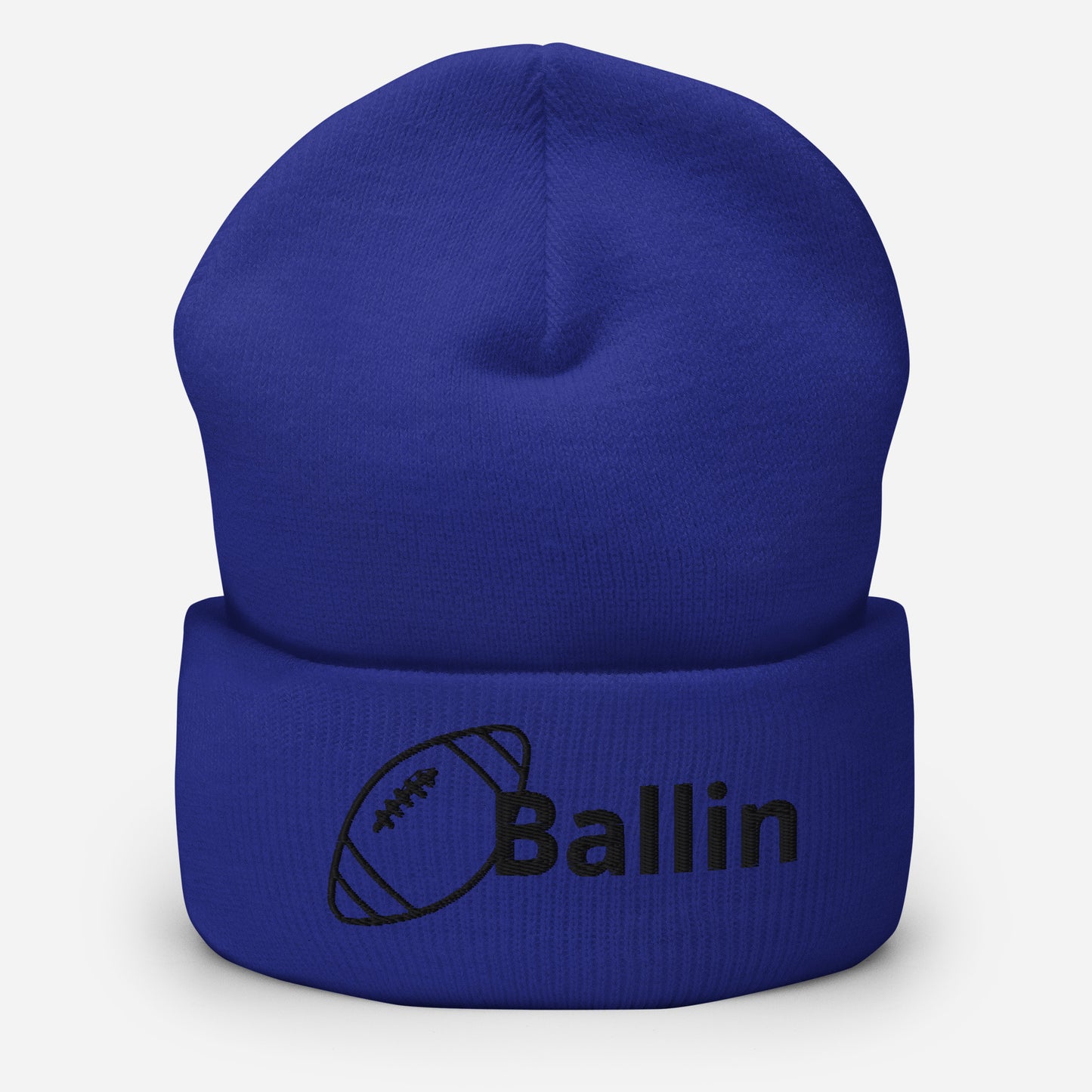 Front of royal cuffed beanie embroidered with a black football and black text saying 'ballin'