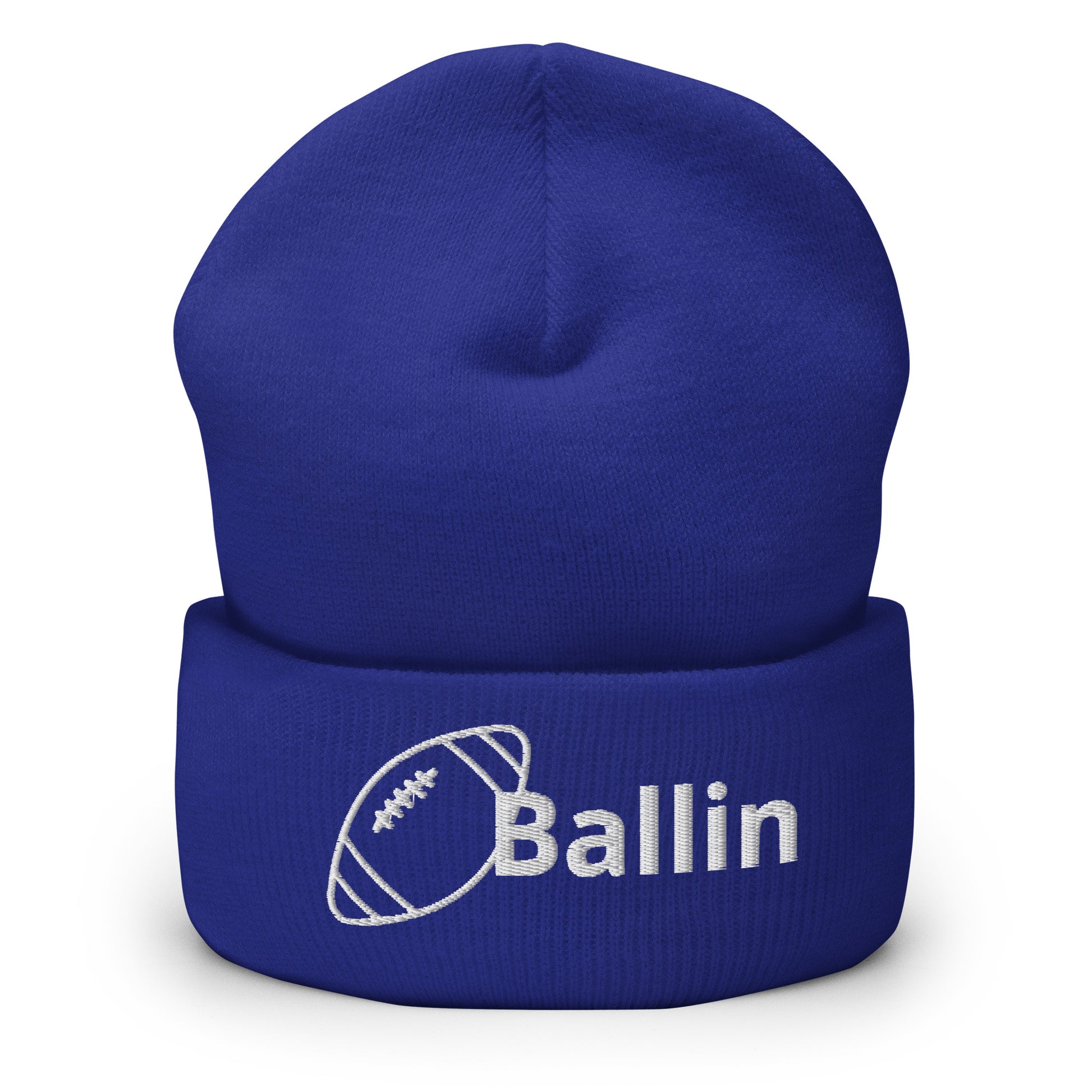 Front of royal cuffed beanie embroidered with a white football and black text saying 'ballin'