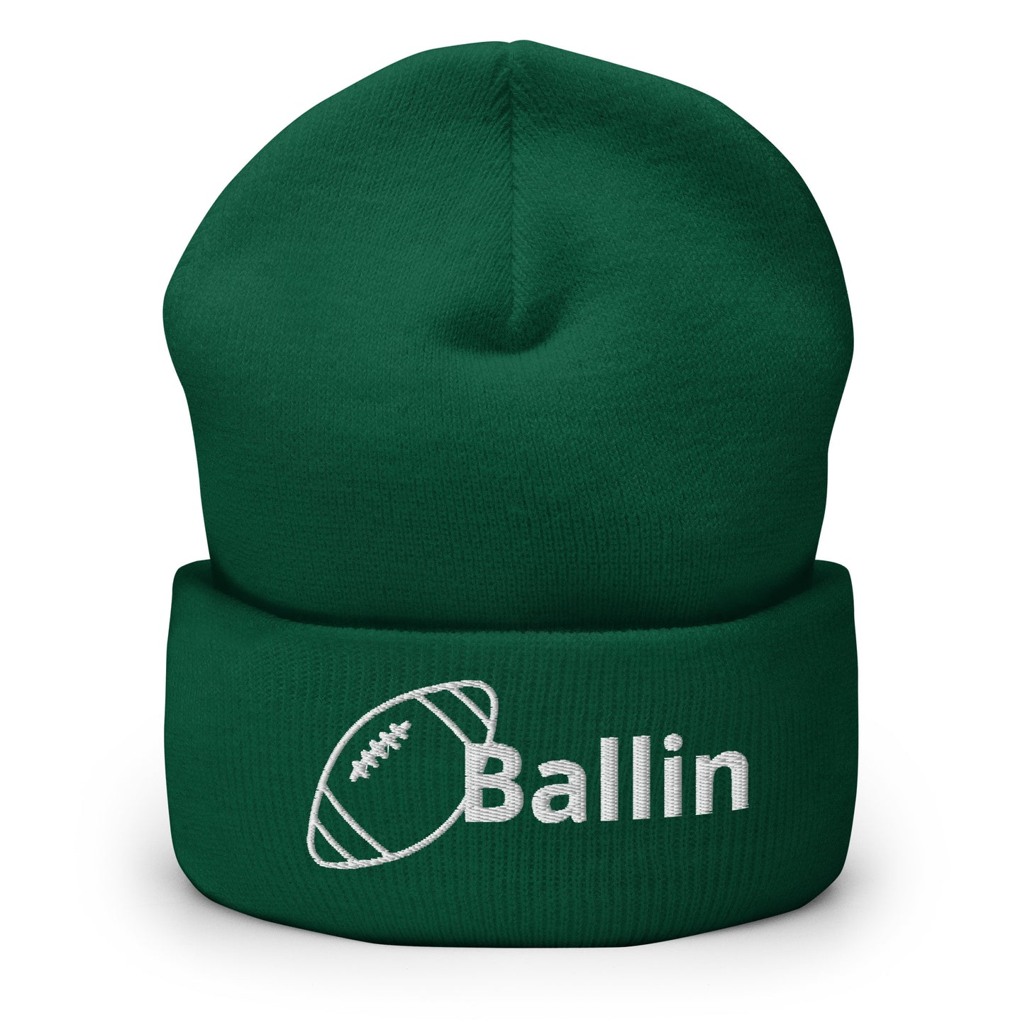 Front of spruce cuffed beanie embroidered with a white football and black text saying 'ballin'