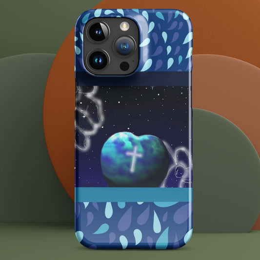 Front of iPhone with blue waterdrop patterned background and image depicting God's hands holding the heart-shaped world with a cross etched in it