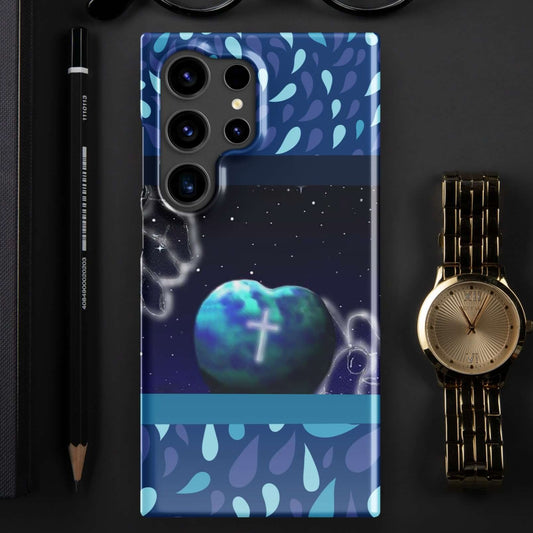 Front of Samsung with blue waterdrop patterned background and image depicting God's hands holding the heart-shaped world with a cross etched in it