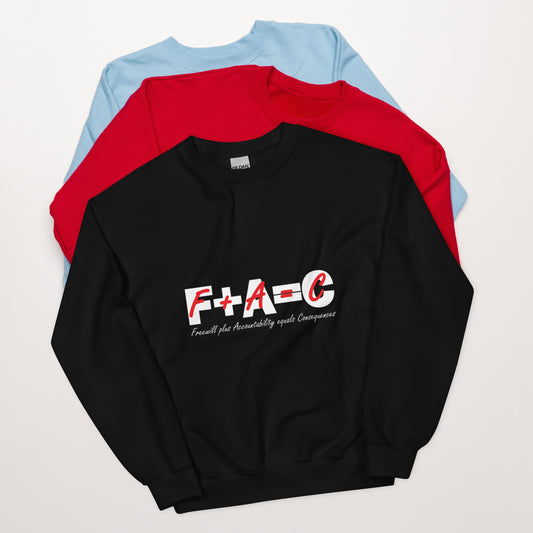 Front of black sweatshirt with red and white text saying 'F+A=C' and 'Freewill plus Accountability equals Consequences'