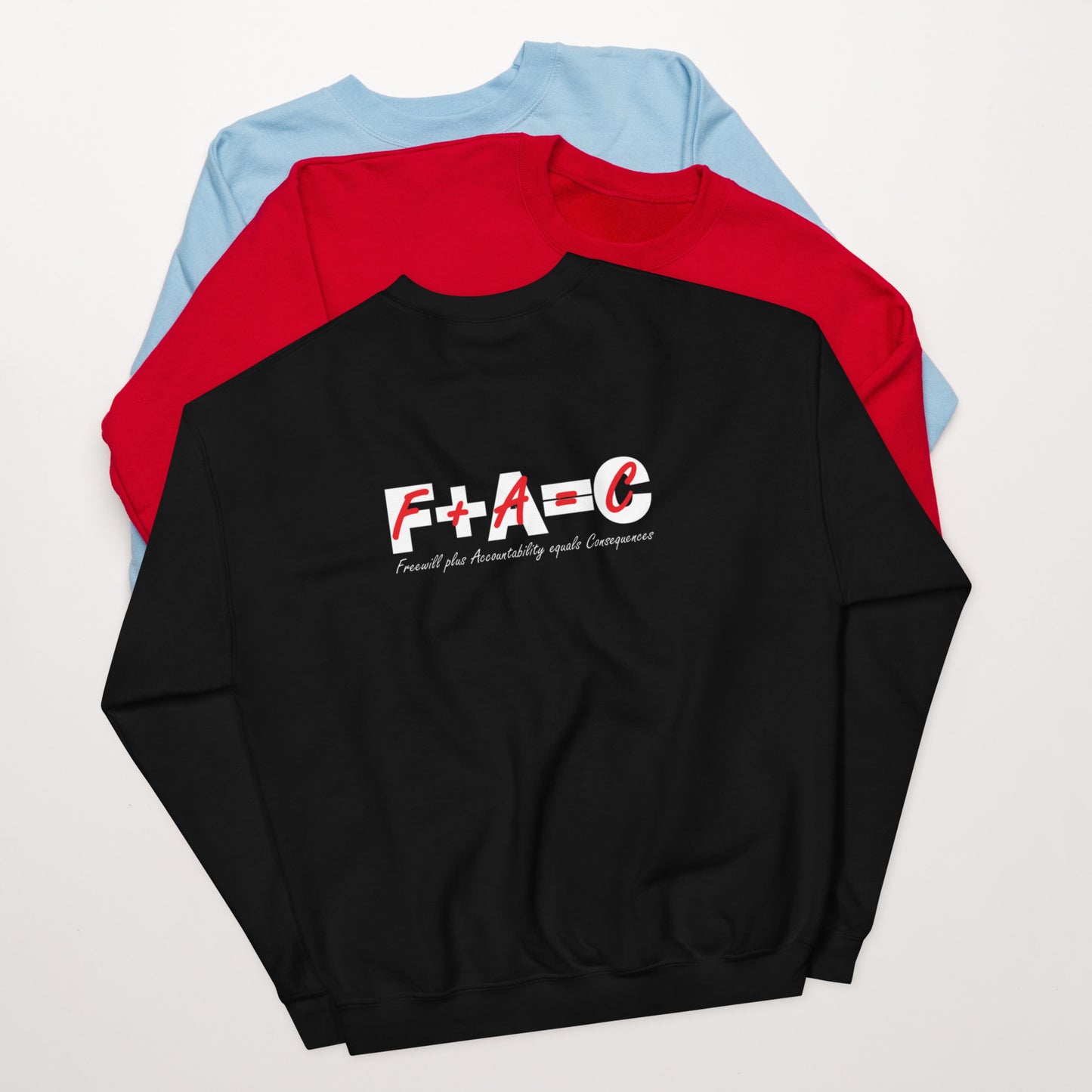 Back of black unisex sweatshirt with red and white text saying 'F+A=C' and 'Freewill plus Accountability equals Consequences'